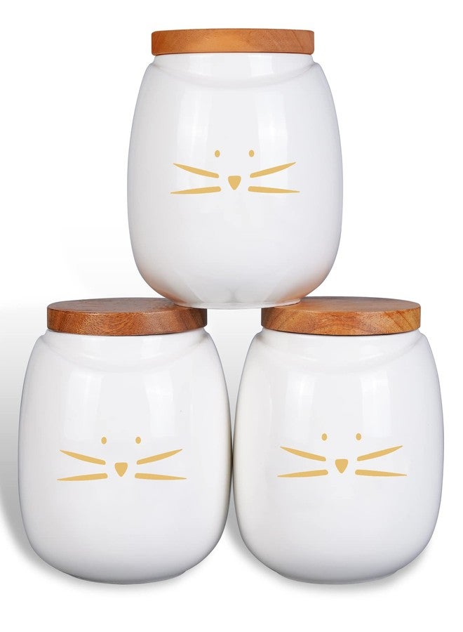 Koolkatkoo Ceramic Cat Canister Set Coffee Tea Sugar Food Storage with Bamboo Lid for the Kitchen Canister Round White Set of 3 - Image 1